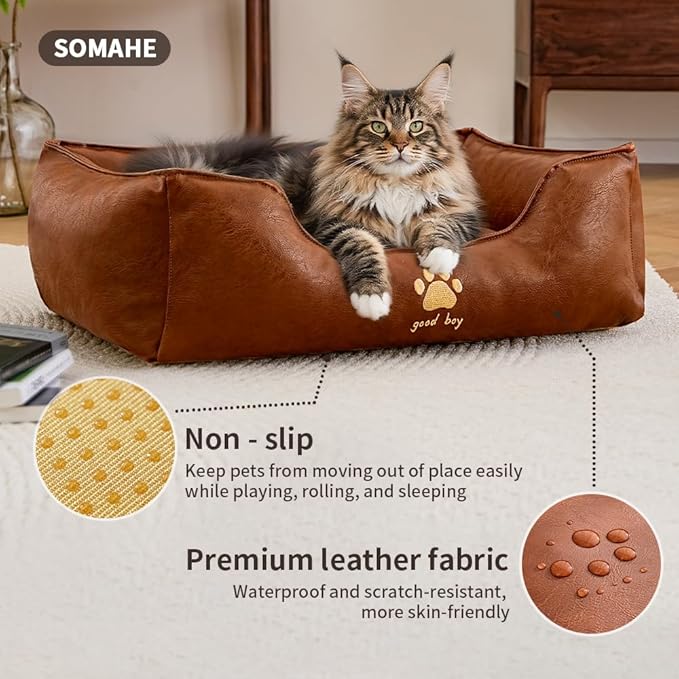 Premium Leather Cat Bed for Indoor Cats Premium Small Dog Bed Pet Nest with Anti-Slip Base Ultra Soft Texture for Comfortable Rest 24 × 18 × 9 inch Brown