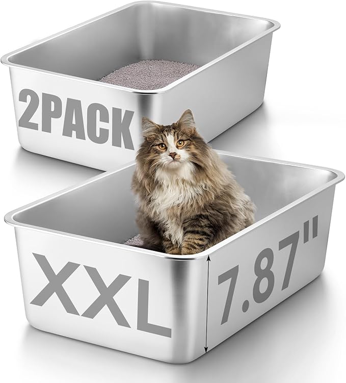 GOLDENKEY 2 Pack 23.6"x 15.7"x 8" Extra Deep & Large Stainless Steel Cat Litter Box with High Sides，XXL Metal Litter Box for Big Cat，Non Stick Odorless Easy to Clean