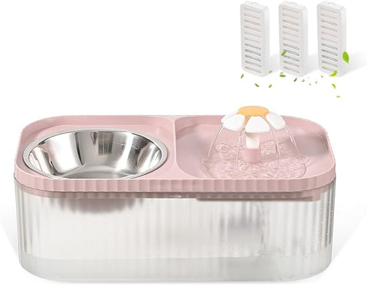 Cat Water Fountain and Food Bowl, 3L/101oz Ultra Quiet Pet Water Dispenser with Smart Pump and 3 Replacement Filters, Automatic Flower Fountain & Stainless Steel Bowl for Dog & Cat (Pink)