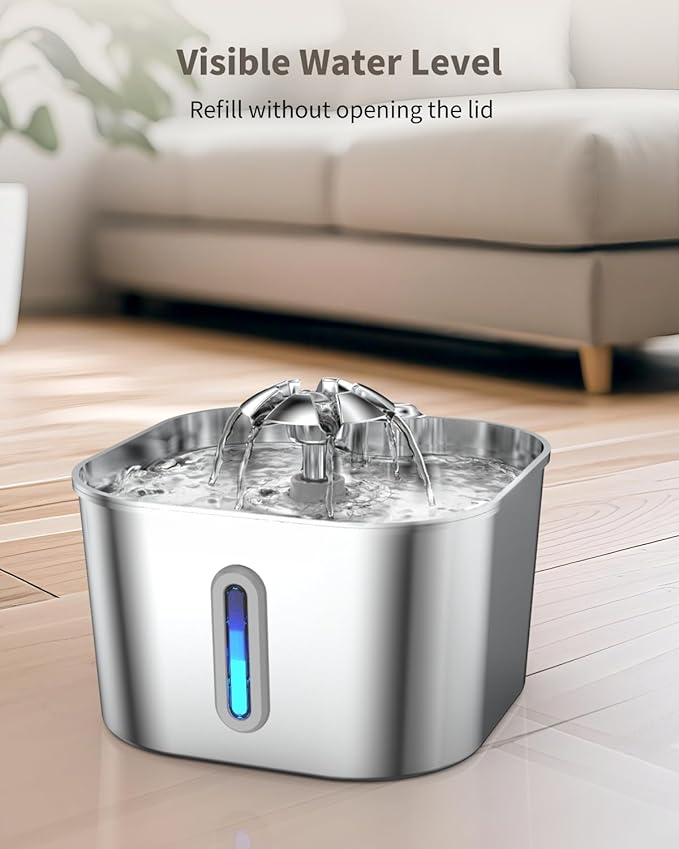 Cat Water Fountain Stainless Steel, 2.2L/74oz Cat Fountain with Quiet Pump, Automatic Pet Water Dispenser, Ideal for Multi-pet Homes, Fresh & Clean Water for Cats and Dogs