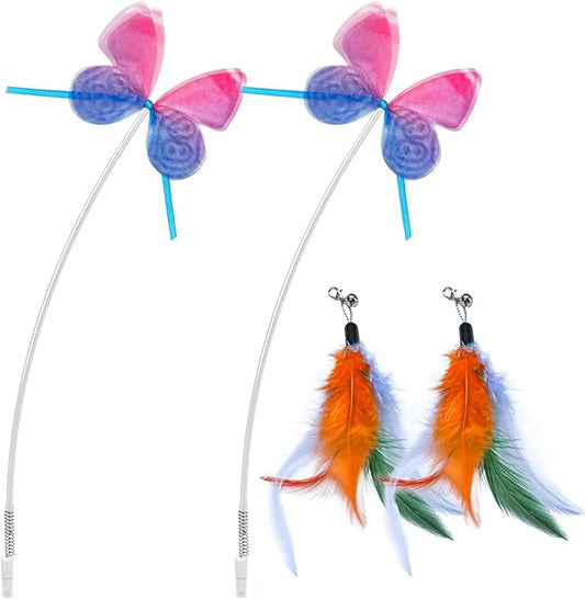 Cat Feather Wand Toys Enhanced Suction Cup Interactive Cat Toy Auto-Swing Cat Wand Toy with 3PCS Replacement Teaser Refills with Bell Bird/Ribbon/Worm