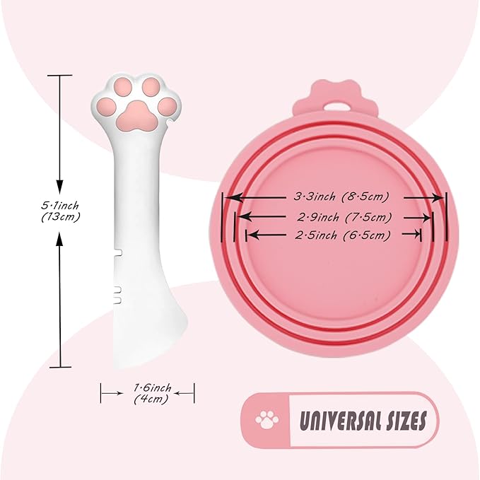 3 Pcs Pet Food Can Lids & One Can Spoon | Cute Paw Shape Opener Spatula Cat Wet Food Spoon | Universal BPA Free Silicone Can Spoon & Covers for Dog Cat Cans(Pink)