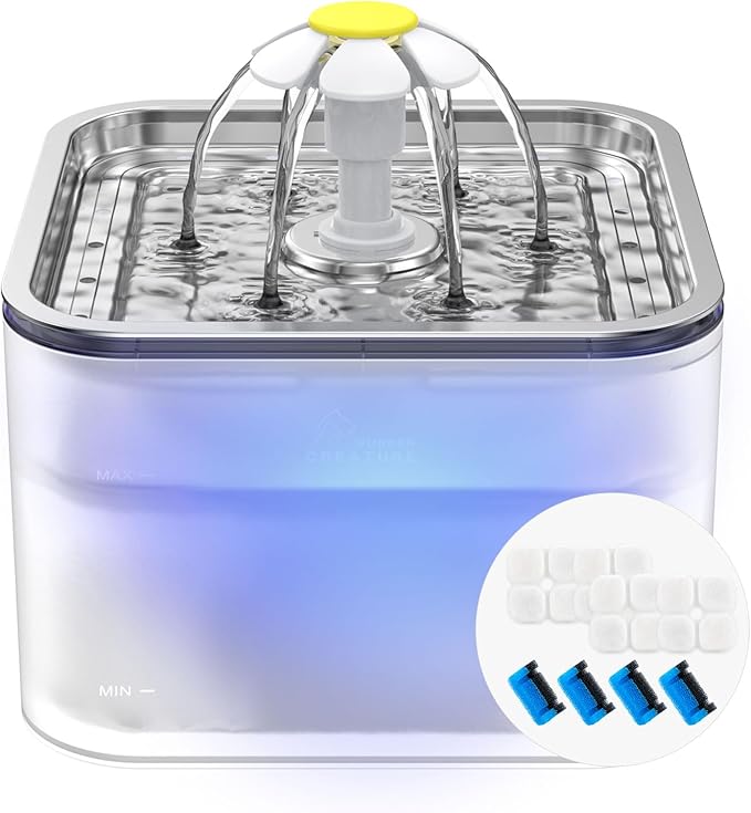 Crystal Cat Water Fountain Stainless Steel with 4 Filters and 4 Sponges, 101oz/3L Pet Fountain with LED Light for Cats and Dogs (Clear)