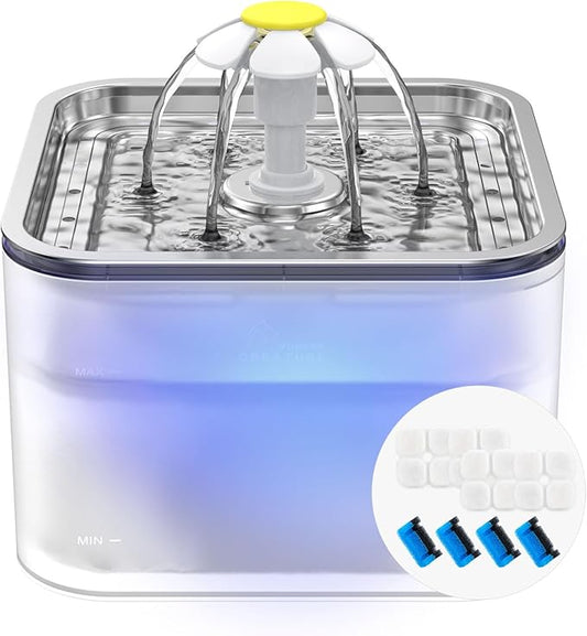 Crystal Cat Water Fountain Stainless Steel with 4 Filters and 4 Sponges, 101oz/3L Pet Fountain with LED Light for Cats and Dogs (Clear)