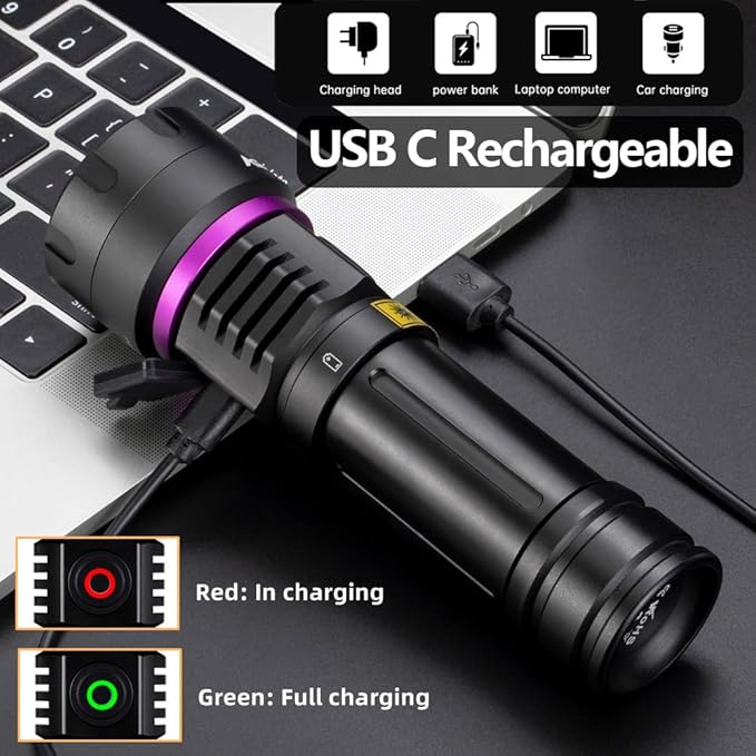 ALONEFIRE SV115 365nm UV Flashlight 30W Powerful Blacklight USB C Rechargeable Black Light for Pet Urine Detector, Scorpion, Resin, Bed Bug, Fishing with UV Protective Glasses, Rechargeable Battery