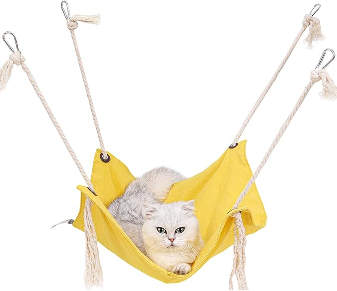 Breathable Linen Cat Hammock in Clean Solid Colors, Minimalist Design for Cages Machine Washable Available in 6 Colors, Yellow (Yellow)