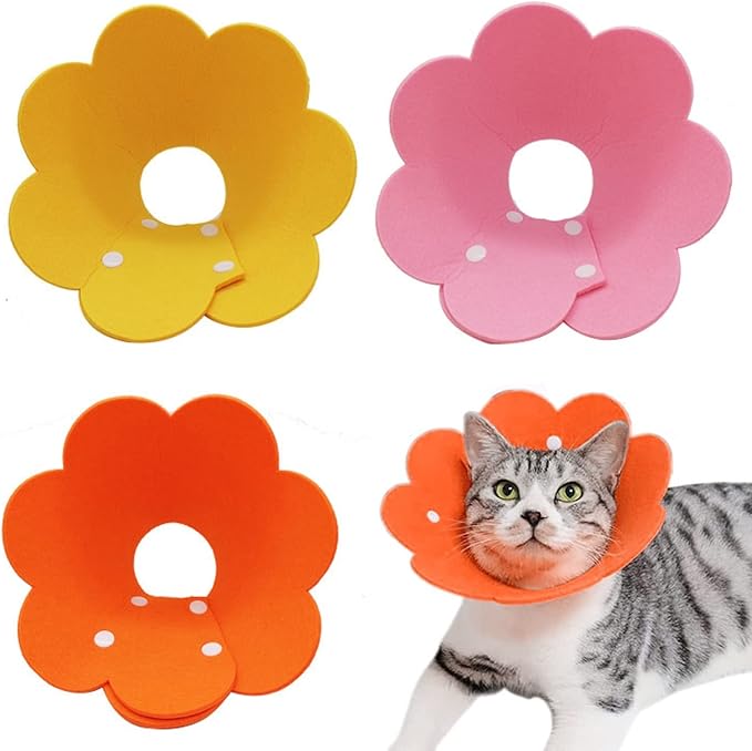 3-Piece Cat Recovery Collar Set - Sunflower Neck Cat Cone Anti-Licking Collars to Prevent Biting & Scratching (Pink, Orange, Yellow, S)