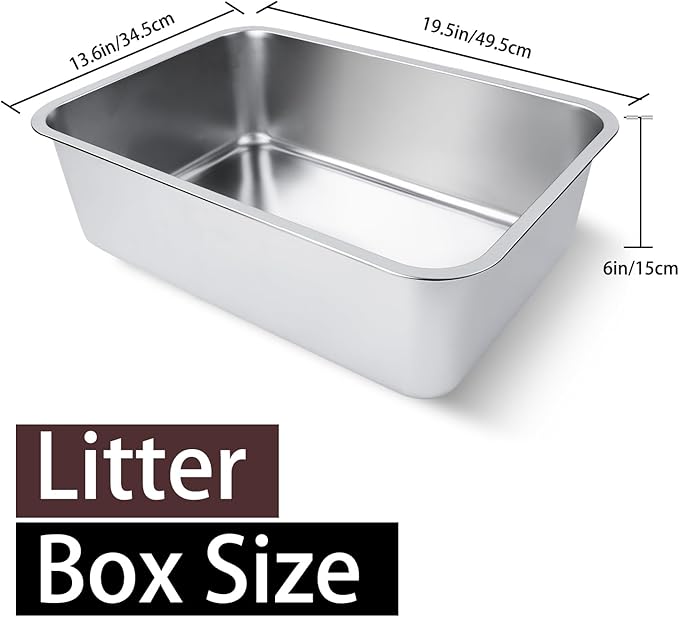 Stainless Steel Cat Litter Box for Adult Cats or Kitty/Kitten 19.5"x13.6"x6" Rust-Proof, High Side, Non Stick, No Smell, Easy to Clean Metal Cat Litter Box