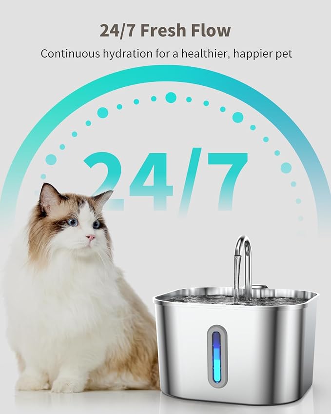 Cat Water Fountain Stainless Steel, 74oz/2.2L Cat Fountain with Quiet Pump, Automatic Pet Water Dispenser, Ideal for Multi-pet Homes, Fresh & Clean Water for Cats and Dogs