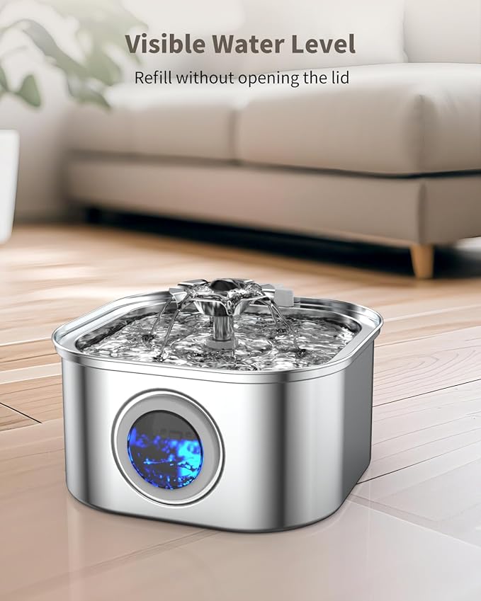 Cat Water Fountain Stainless Steel, 3.2L/108oz Cat Fountain with Large Water Level Window, Pet Water Dispenser with Quiet Pump Ideal for Cats, Dogs and Multi-pet Household