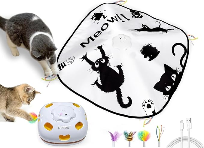 ORSDA Cat Toys, 4 in 1 Interactive Automatic Kitten Toy for Indoor Cats, Rechargeable Electric Moving Ambush Feather Mice Whack-A-Mole, Hide and Seek, Chase Feather for Kitty for Kicker Adult Cat