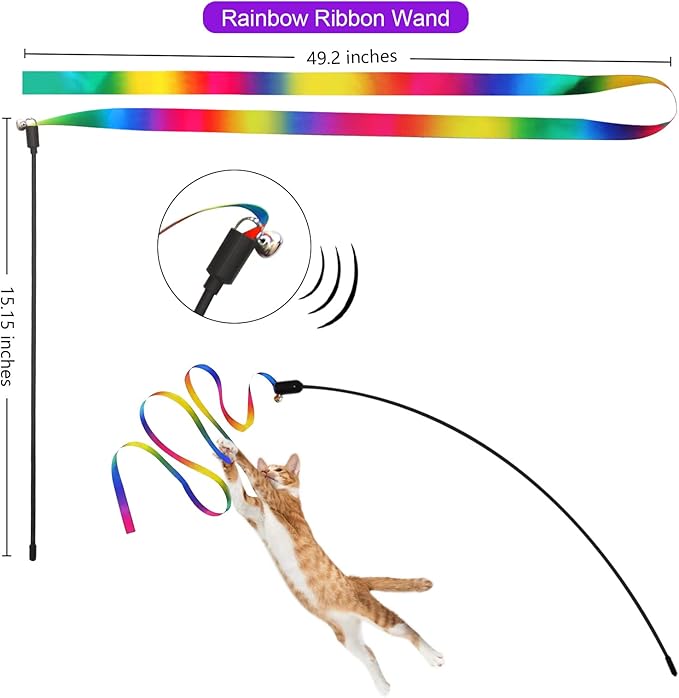 Cat Toys, 2PCS Retractable Feather Toys, 10PCS Replacement Teaser Refill, 1PC Rainbow Ribbon Wand Interactive Kitten Toys for Indoor Cat Make Exercise
