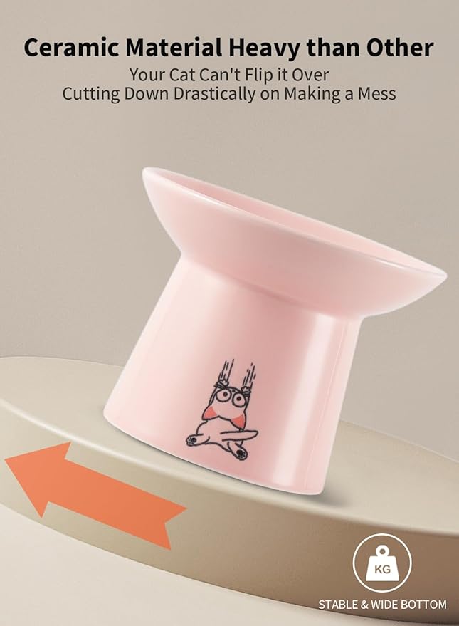 Extra Wide Elevated Ceramic Cat Bowls, 6.5 Inch Raised Pet Bowl Set for Food & Water, Whisker Fatigue Shallow Food Dish for Elder Big Cats Small Dogs, Set of 2, Green & Pink