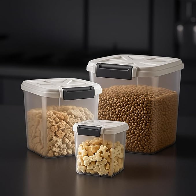 Airtight Dog Food Storage Container 20 lbs, Pet Food Storage Bin with Lid 4 lbs & 6 lbs & 10 lbs, 3 Pack, Cat Treat Container, Stackable, 3 Measuring Cup, Save Space,White
