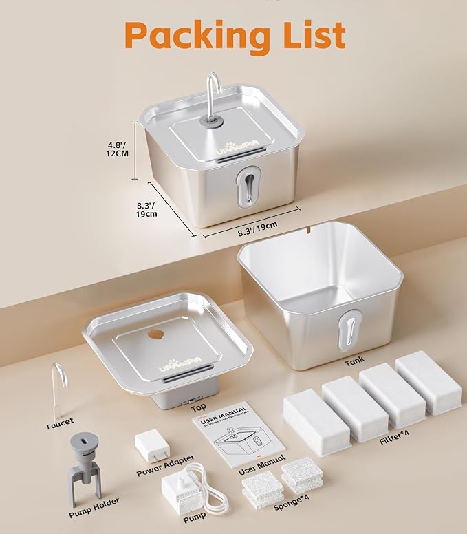 Cat Water Fountain Stainless Steel 135oz/4L Pet Water Fountain for Cats Indoor with 8 Filters Pets Dog Small Animal Automatic Dog Water Dispenser with 4 Filters 4 Sponge Quiet