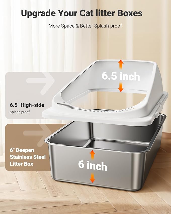 Stainless Steel Cat Litter Box with Scoop, Metal Litter Box High Sided, Cat Litter Box Enclosure, XL Extra Large High-Sided Litter Boxs (Anti-Urine Leakage, Include Scoop) (Black＆White)