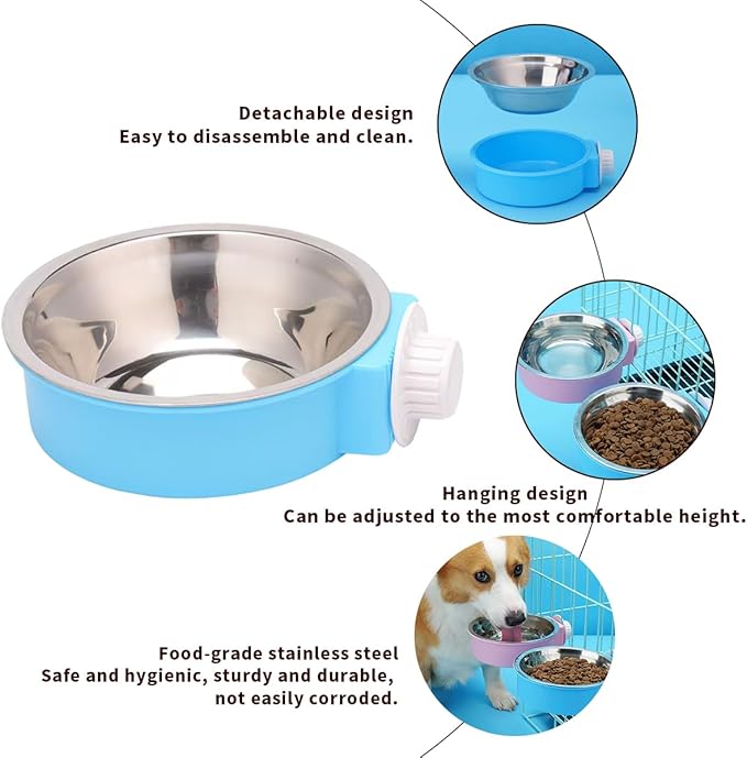 2Pcs Pets Lightweight Stainless Steel Bowl,Removable Stainless Steel Pet Hanging Food Water Feeder Bowl Cage Coop Cup for Puppy Medium Dog Cat Rabbit Ferret Bird Gunea Pigs (Pink, S)