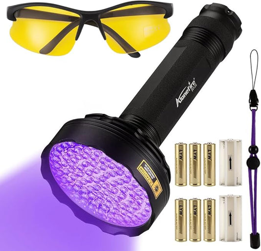 Alonefire SV128 395nm UV Flashlight 128 LEDs Woods Lamp Ultraviolet Black Light for Pet Urine Detection, Scorpion Detection, Dry Stain, Bedroom, Fishing with UV Protective Glasses, 6PCS AA Battery