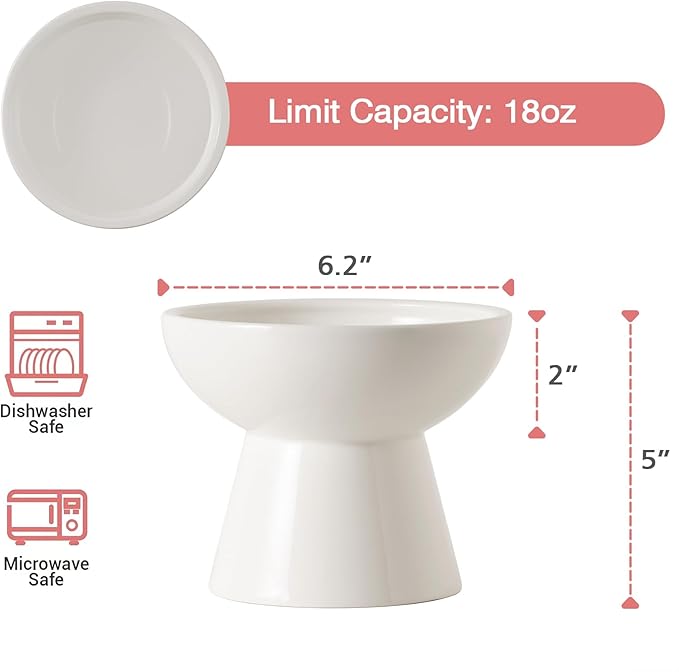 Extra Wide Elevated Ceramic Cat Water Bowl - 6.2" Deeper Dish for Whisker Fatigue Relief, 5" Height for Easy Feeding, Lead & Cadmium Free, Durable Raised Cat Bowls, White