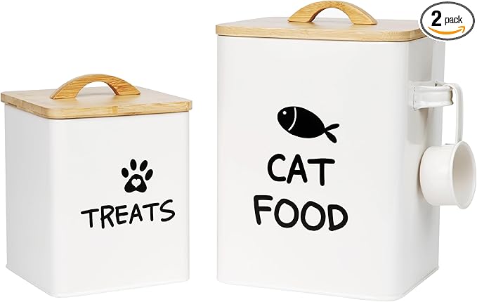 Calindiana Airtight Cat Food Storage Container with Bamboo Lid & Scoop – Farmhouse Cat Food Organizer, Gifts for Cat Lovers (Cream White)