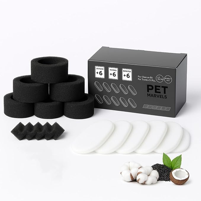 Fountain Filter Replacement Set – 18 Pack (6 Carbon Filters + 6 Pump Sponges + 6 Pre-Filters) – Compatible with Stainless Steel Cat & Dog Water Fountains – BPA-Free, Triple Filtration