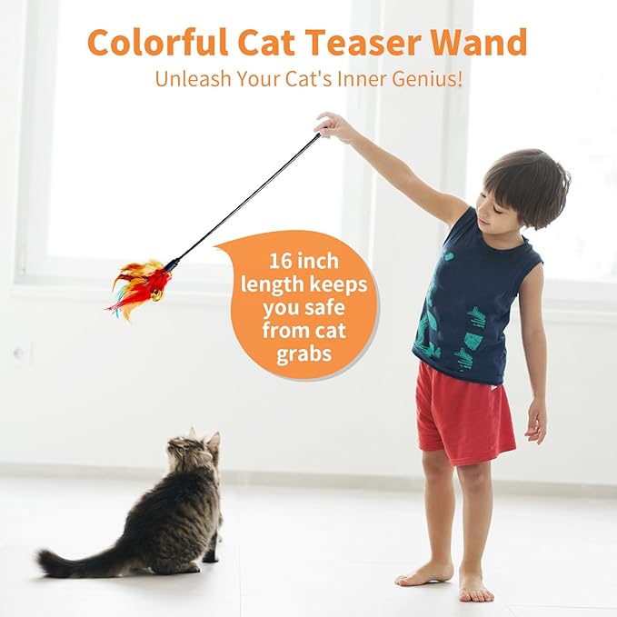 Cat Feather Toys, Cat Toy with Elastic Turkey Feathers, Interactive Teaser Wand with Bell, Durable Flexible Rod for Playful Kittens and Cats, Indoor Entertainment for Pets (1.35")