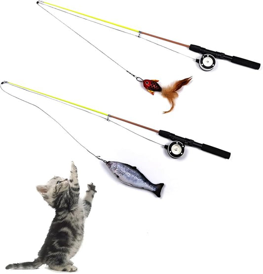 SILVERVINE Magic Cat Toy Wand with Fish – Interactive Cat Toys for Indoor Cats, Kittens & Bored Adults | Adjustable Fishing Pole Teaser with Feathers（Random Selection of 1 Out of 2）