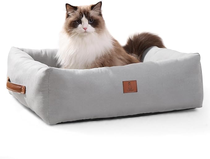 20In Dog Bed for Small Medium Sized Dogs and Cats - Washable Rectangle Puppy Bed for Indoor Outdoor, Cozy Pet Bed with Support Pillow & Non-Slip Bottom(Pale Grey, Small)