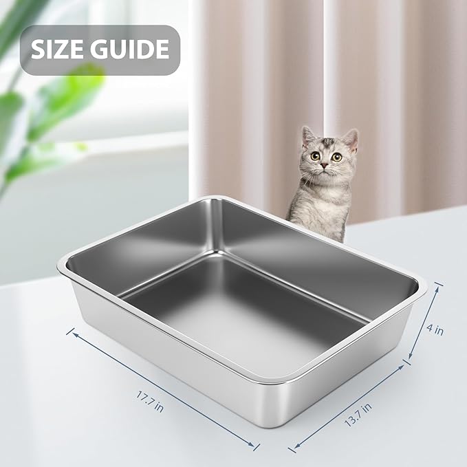 Stainless Steel Cat Litter Box - Litter Box for Cats - Easy to Clean, Never Absorbs Odor, Stains, or Rusts - Silver (17.7" L x 13.5" W x 4" H)