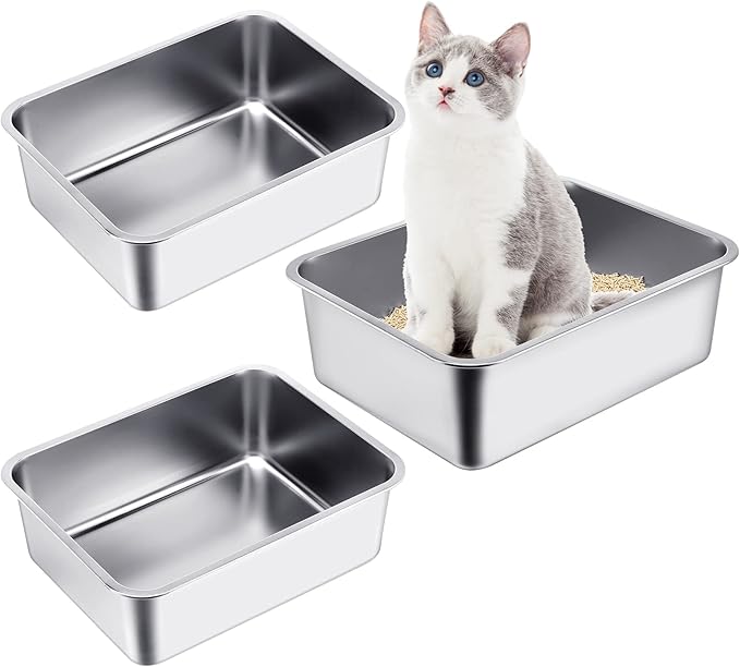 Gerrii 3 Packs Extra Large Stainless Steel Litter Box for Cat with High Sides, Non Stick Smooth Surface, Easy to Clean for Cat Bunny(23.6 x 15.7 x 7.9'')