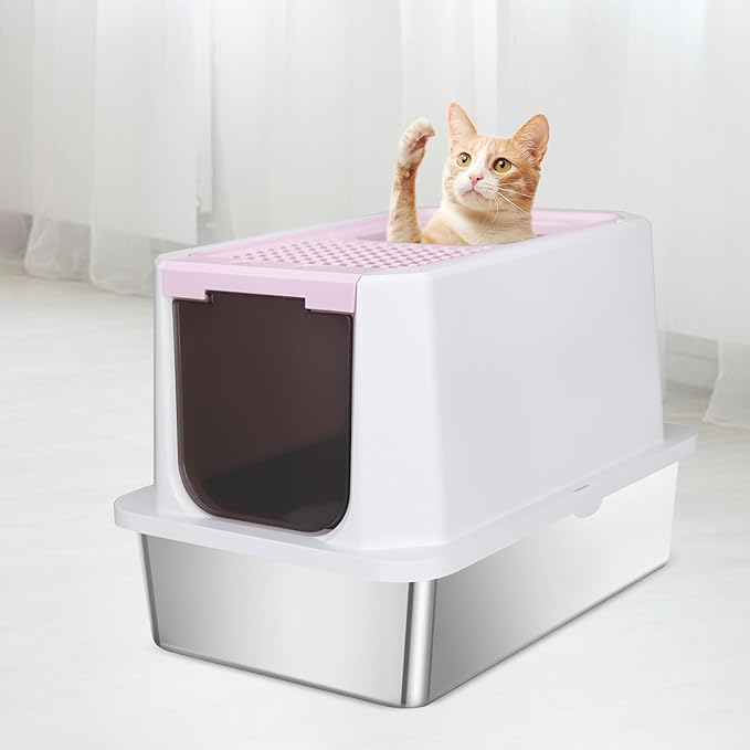 RIZZARI Stainless Steel Cat Litter Box, Odorless Enclosed Litter Box with Top Holes, Large Litter Pan for Small to Large Sized Cats (Pink, 23.8" L*15.9" W*16.1" H)