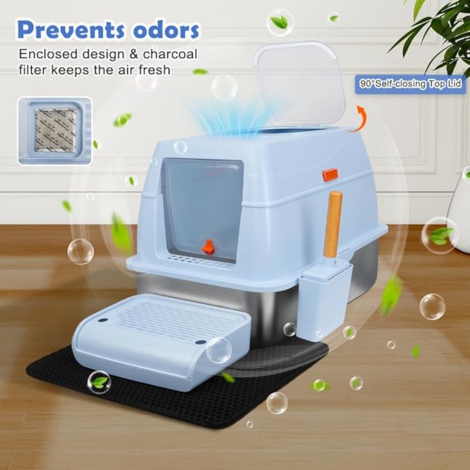 Vivifying Stainless Steel Litter Box with Lid, XL Front Entry Enclosed Extra Large Litter Box for Big Cats & Kitty, Top Exit Metal Cat Pan with Scoop, Mat, Step, Charcoal Filter (Blue)