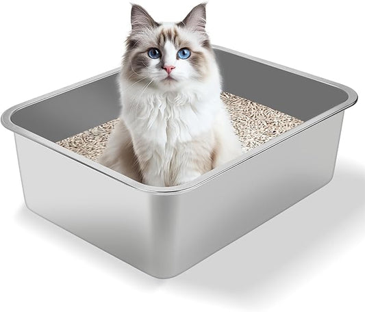Stainless Steel Cat Litter Box - Metal High Sided Cat Pan, Large Stainless Steel Box, Indoor Litter Tray, Non Stick, No Smell, Easy-Clean Design for Hygienic Pet Care – Large Size for All Cats