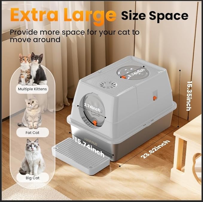 Stainless Steel Litter Box with Lid, 135° Flip-Top Extra Large Cat Litter Pan, Enclosed Metal Litter Box with Litter Scoop & Filter Pedal,Odor Free, Front & Top Dual Entry