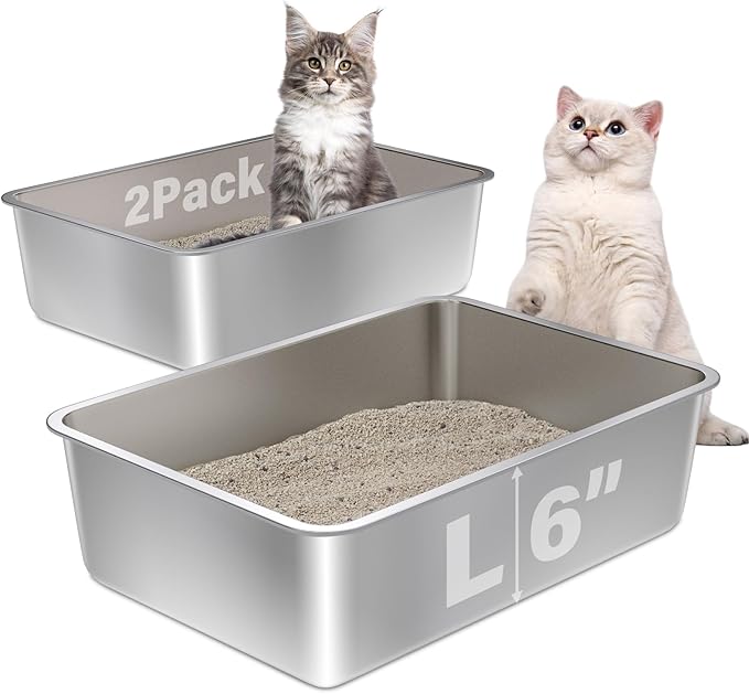Stainless Steel Litter Box 2Pack,19.68" x13.77.x6 Large Metal Cat Litter Box,Steel Litterbox for Adult Cats/Kitty,Easy to Clean, Non Stick No Smell
