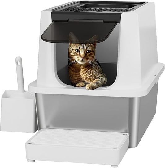 RIZZARI Stainless Steel Cat Litter Box, Odorless Enclosed Litter Box with Top Holes, Large Litter Pan for Small to Large Sized Cats (Black, 24" L*16" W*18" H)