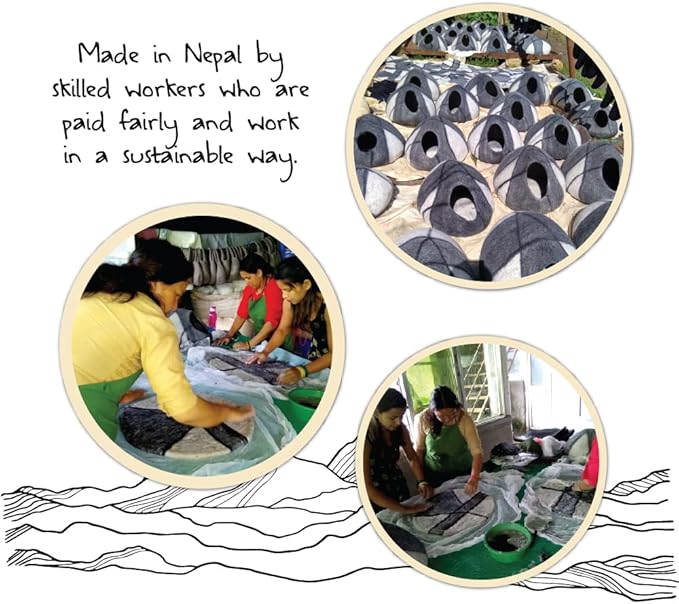 Large Wool Cat Cave Premium Felt Bed for Cats & Kittens Pet House Natural 100% Merino Wool Handmade Indoor Hideaway Eco-Friendly Cove 19 Inch Diameter Round Handcrafted Dome (Dark Gray Tiger)