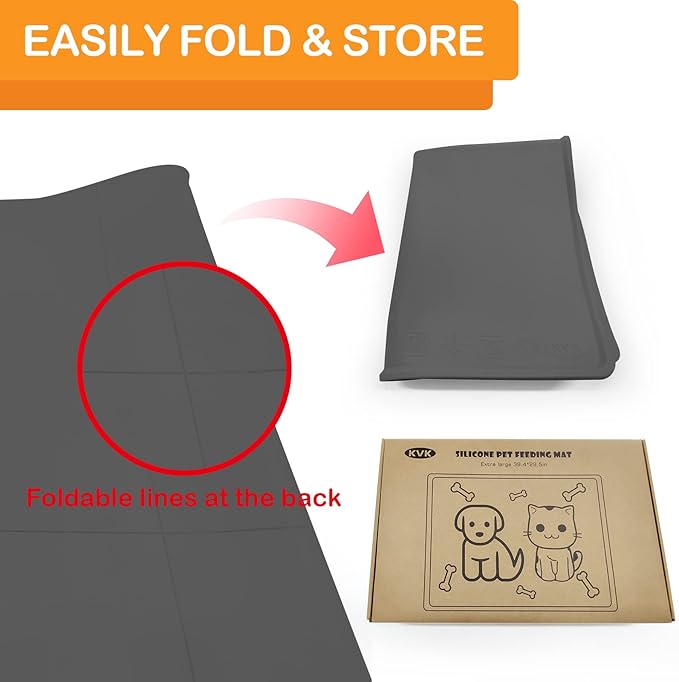 KVK Dog Water Mat 39.4×29.5in - Silicone Dog Mat for Food and Water Extra Large - Pet Food Mat for Floors Waterproof - Pet Feeding Mat Prevent Water Food Spills - Dark Grey