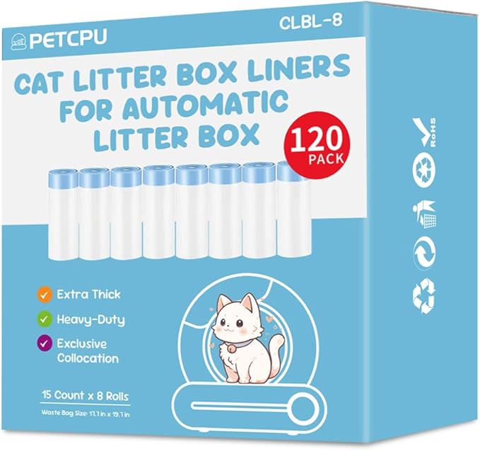 120 Count Cat Litter Box Liners for Self-Cleaning Cat Litter Box, Replacement Kitty Litter Liners, 8 Rolls Drawstring Waste Bags for Small Automatic Litter Boxs, 19.7 x 17.7 Inches（8 Packs/120 Counts）