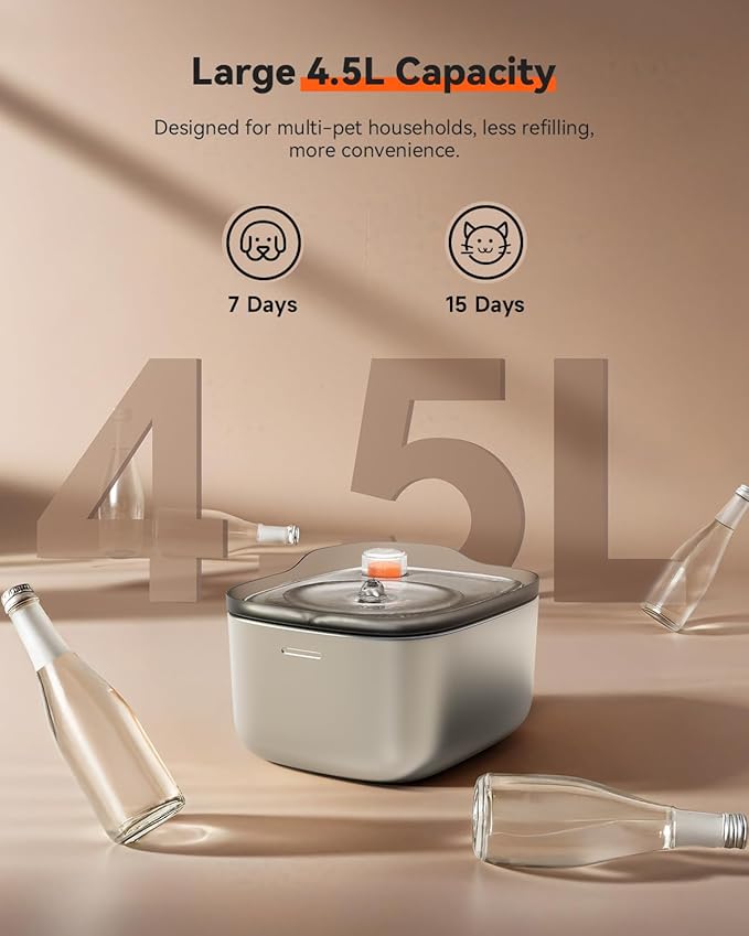 Cat Water Fountain Stainless Steel,4.5L/158oz Wired Cat Water Dispenser,Wired Pet Water Fountains for Cats Indoor,Quiet Dog Water Bowl,Colorful Water Level Float, Gray - FS10