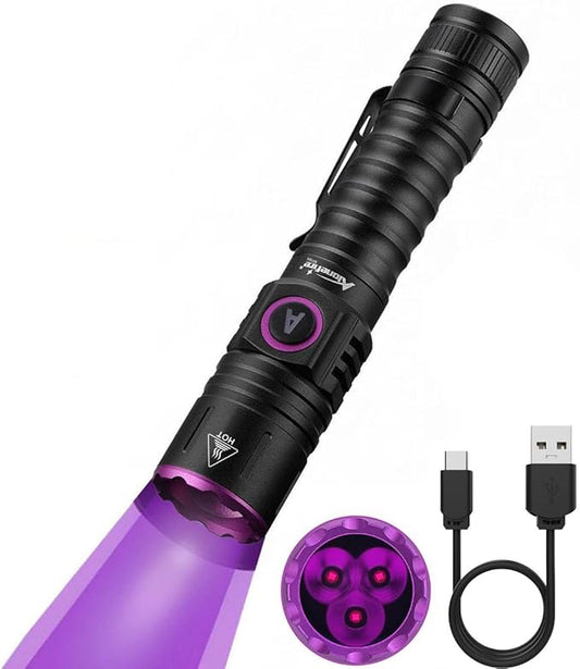 ALONEFIRE SV103 395nm UV Flashlight USB C Rechargeable Black Light Woods Lamp Money Detector for Resin Curing, Pet Urine Detection, Scorpion, Fishing, Minerals, Rocks, Bed Bug, Leaks with Battery
