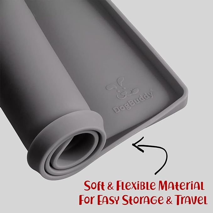 DogBuddy Dog Food Mat – Waterproof Dog Bowl Mat for Food and Water, Silicone Pet Feeding Mats For Floors, Non-Slip Placemat with High Edges For Dogs Bowls, Puppy Essentials (XL: 28" x 18", Shadow)