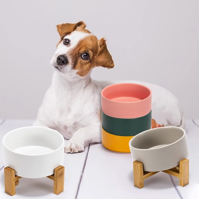 SPUNKYJUNKY 15° Slanted Ceramic Dog and Cat Bowl with Wooden Stand, Tilted Bulldog Food and Water Bowl No Slip Non-Spill for Cats Medium Dogs Big Face Pets 28.7 OZ (3.6 Cups, Black)