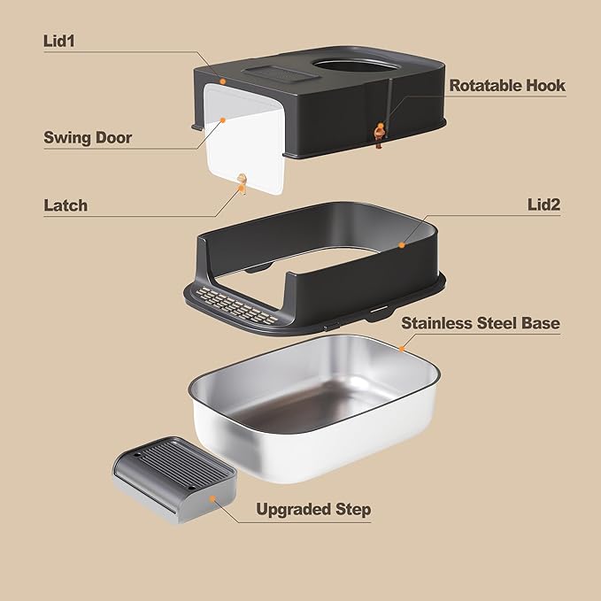 Jalove Stainless Steel Cat Litter Box with Lid, XL Extra Large Metal Litter Box for Big Cat, Covered Enclosed Kitty Litter Boxes, High Sided Enclosure with Scoop & Mat, Easy Cleaning, Dark Gray