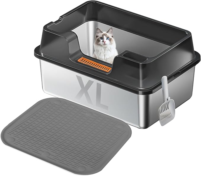 XL Stainless Steel Litter Box with Lid - 23.7"×15.7"×10.6" High Sided Metal Tray for Big/Multi-Cats, Anti-Leak Easy Clean Scoop & Foot Mat (Black)