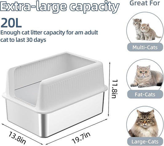 Stainless Steel Cat Litter Box with Lid,XL,19.7”L x 13.8”W x 11.8”H Deep,Metal Litter Box with High Side,for Small and Large Cats,with a Scoop and Scoop Storage Box Litter Mat Double,Easy Cleaning