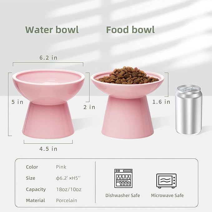 2 Elevated Cat Bowls Extra Wide for Food & Water – Whisker Fatigue, Ceramic Wide Shallow Food Dish, Lead & Cadmium Free, Raised Height for Cats, Pink