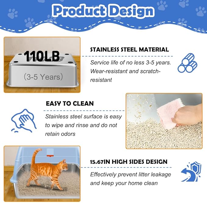 Vivifying Stainless Steel Litter Box with Lid, XL Front Entry Enclosed Extra Large Litter Box for Big Cats & Kitty, Top Exit Metal Cat Pan with Scoop, Mat, Step, Charcoal Filter (Blue)