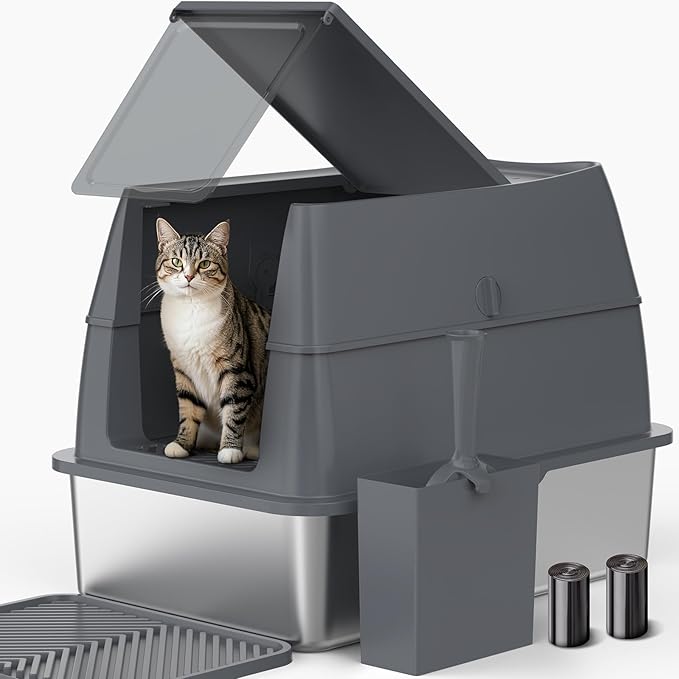 Enclosed Stainless Steel Cat Litter Box with Lid, FILP-Top High Sided Enclosure Metal Litter Boxes with Scoop Set for Big Cats, Non-Sticky, Anti-Leakage, Easy Cleaning,Transparent Grey