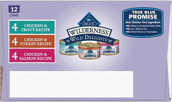 Blue Buffalo Wilderness Wild Delights High Protein Grain Free, Natural Adult Meaty Morsels Wet Cat Food, Ⲥhicken & Turkey, 𝙲hicken & Trout, 𝐂hicken & Salmon 3-oz cans (12 count - 4 of Each Flavor)